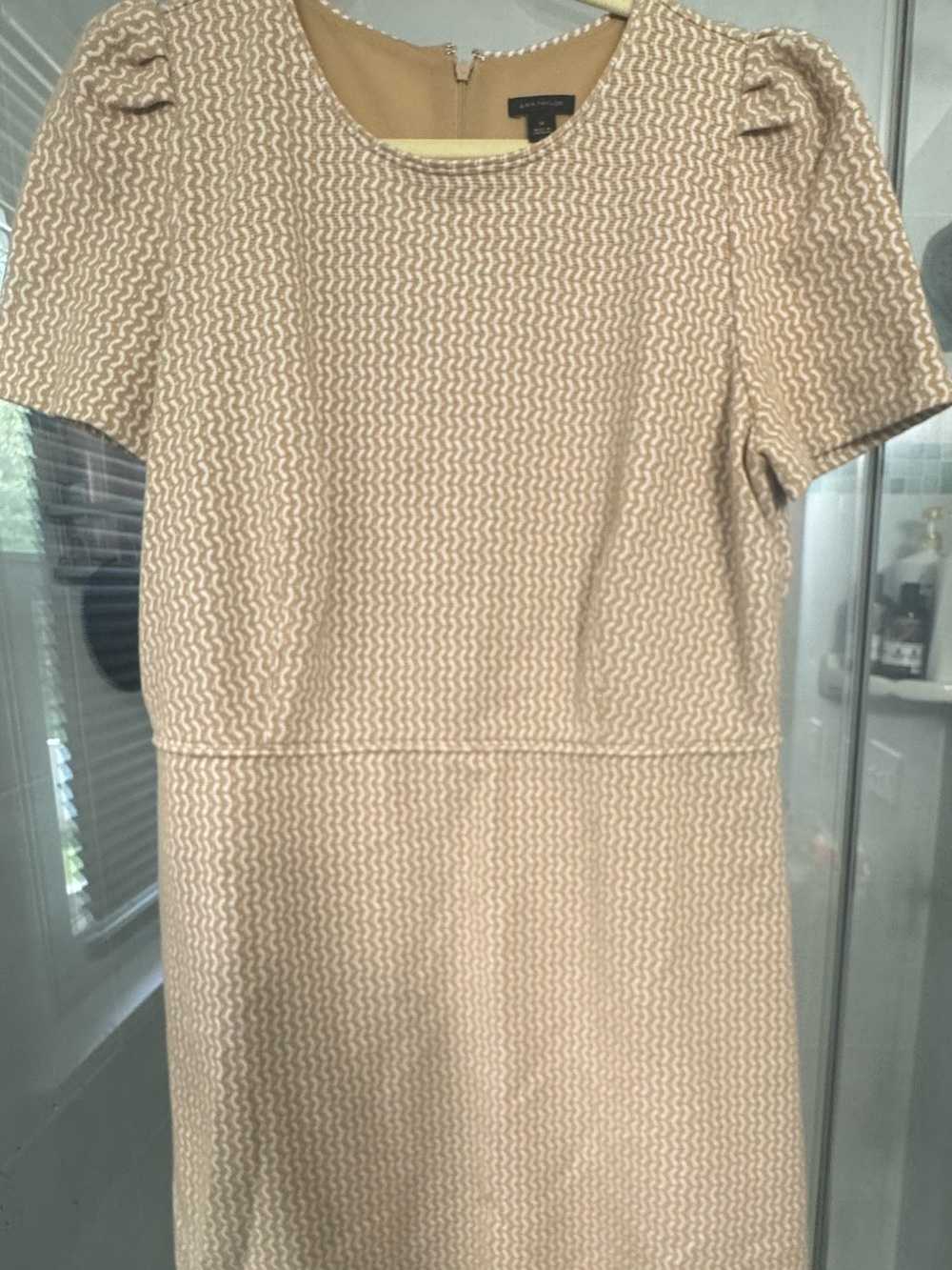 Ann Taylor Beige Textured Puff-Sleeve Midi Dress